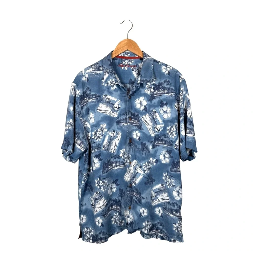Vintage Reyn Spooner Hawaiian Shirt Mens‎ Large Blue Floral Hibiscus Button Up